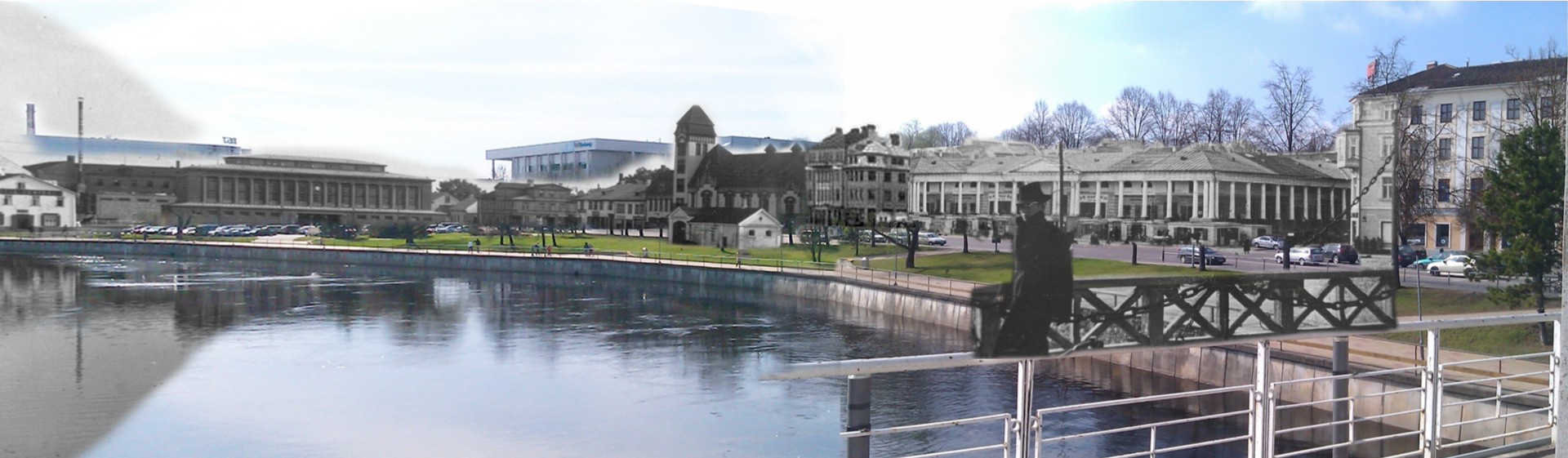 vaade tänapäevaselt kaarsillalt turuhoone ja kaubamaja poole kokku sulatatud vaatega kahekümnenda sajandi alguse kivisillalt turuhoone ja pritsimaja poole